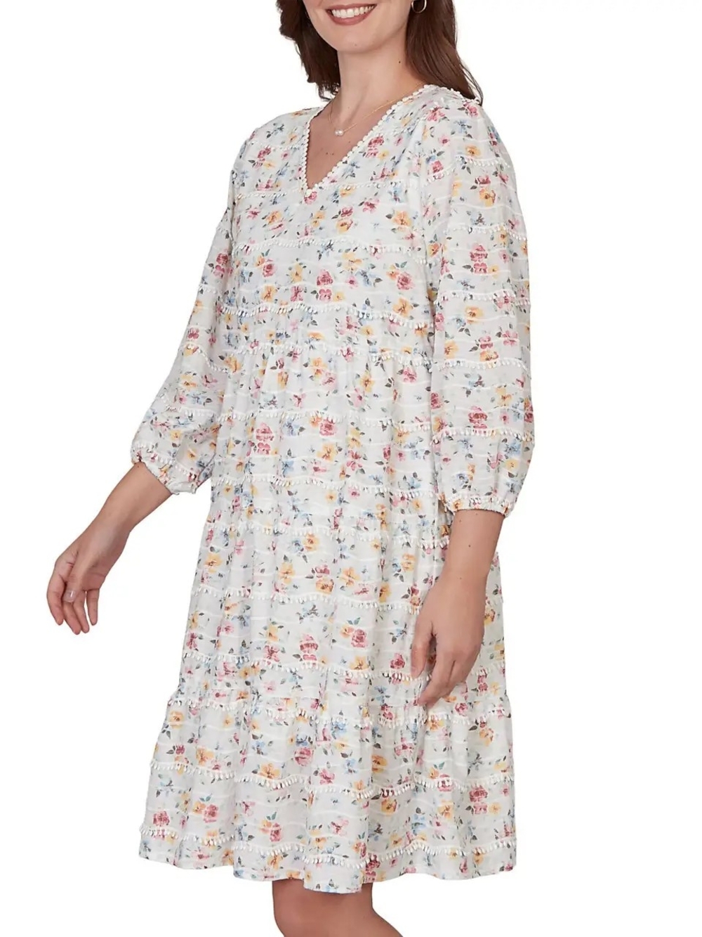 Ruby Rd. Floral Boho Tiered V'neck Mini Peasant Dress - Picture 5 of 9